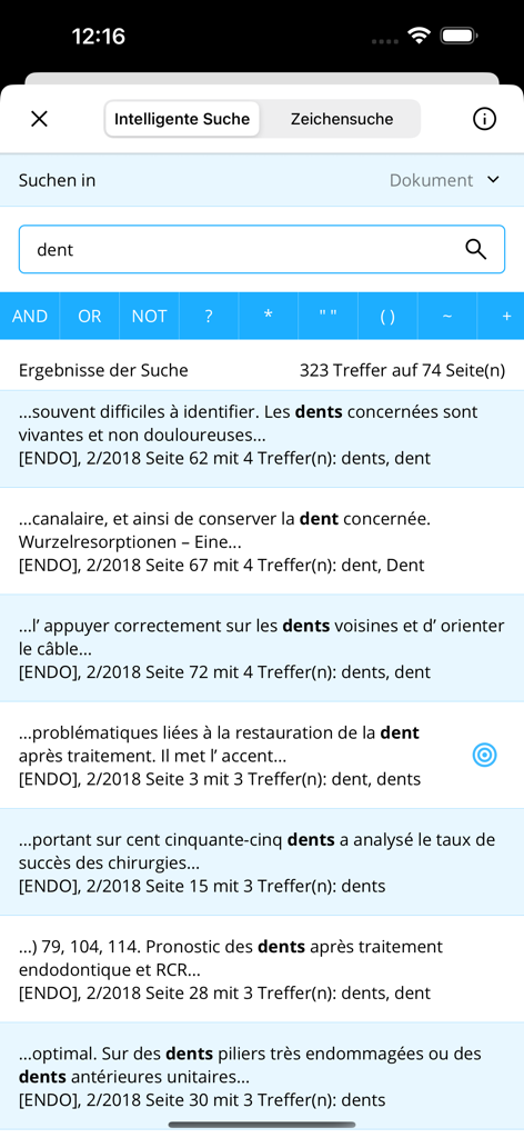 Quintessence Journals - Interfaz de búsqueda de la aplicación Quintessence Journals que muestra resultados para el término 'dent' dentro de artículos de revistas médicas