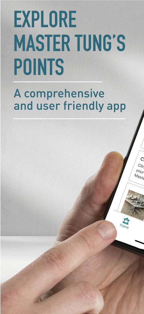 Master Tung's points - A hand holding a smartphone showing the Master Tung's points acupuncture app interface