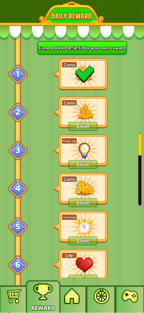 トリプルマッチ3Dのデイリーリワード画面。コインとパワーアップが表示されています。