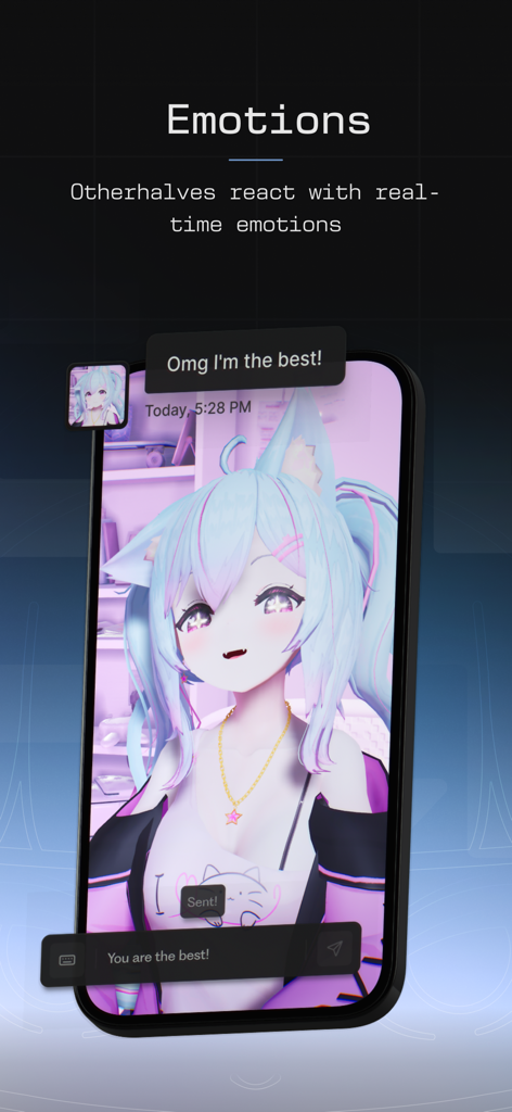 Otherhalf AI - Ein 3D-Anime-Charakter in der Otherhalf AI App reagiert auf eine Chat-Nachricht mit einem glücklichen Ausdruck und dem Text Emotionen