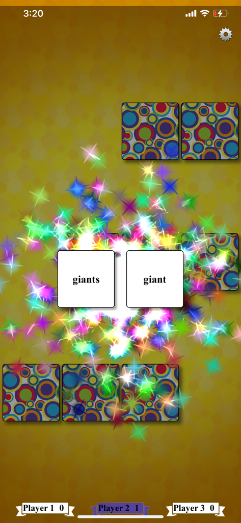 Singular and Plural Match - Educational match game screen showing a correct word pairing of giant and giants