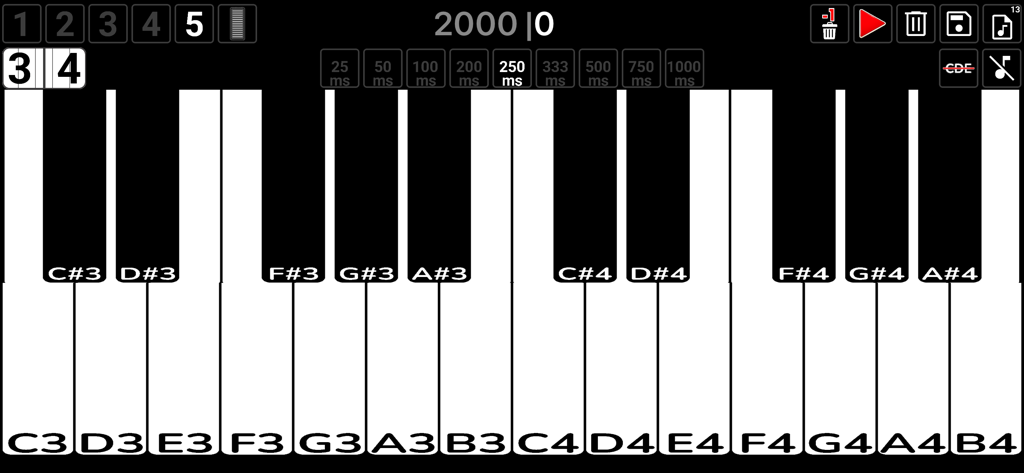 Piano Composer - Music Maker - Interface do aplicativo Compositor de Piano mostrando um teclado de piano digital com notas rotuladas e controles de composição musical.