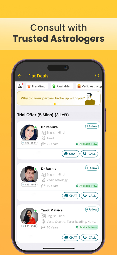 A list of certified astrologers and tarot readers on the Astroyogi app interface with options to chat or call.