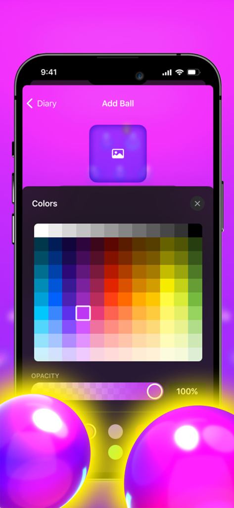 Interface for adding a new croquet ball to the diary with a color picker and opacity slider