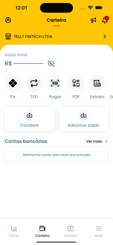 Digital wallet interface of the Yelly app displaying balance and payment options
