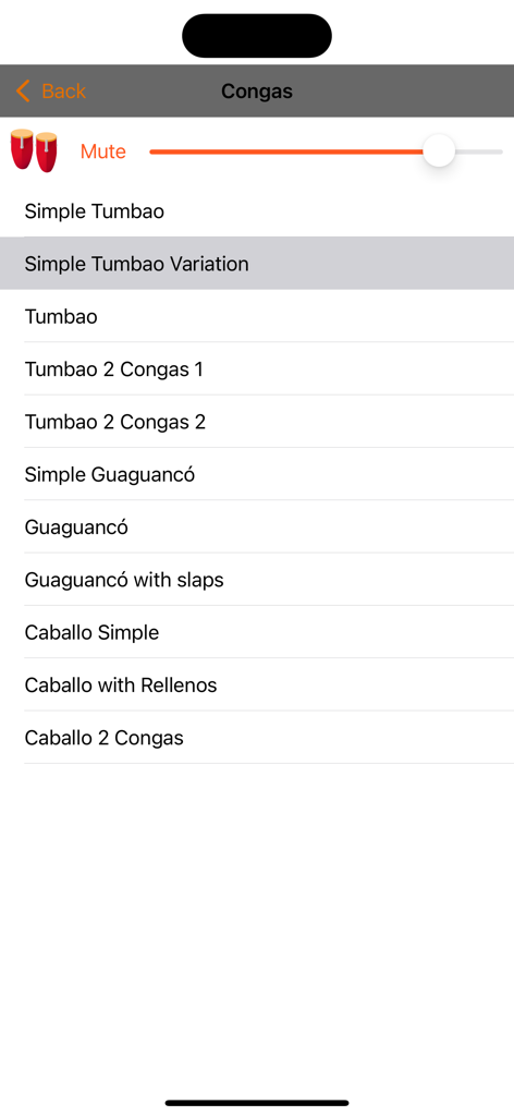 Ein Bildschirm in der Salsa Rhythmus App, der eine Liste von wählbaren Conga-Trommelmustern wie Tumbao und Guaguanco zur Übung anzeigt.