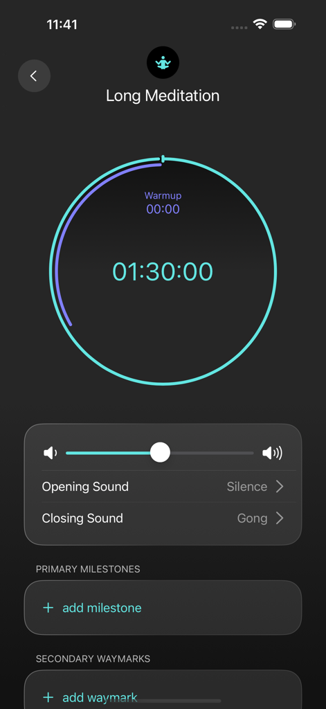 Gong Timer - Mindfulness Space - Interfaz de la aplicación Gong Timer mostrando la configuración de una sesión de meditación larga, incluyendo señales de sonido e hitos.