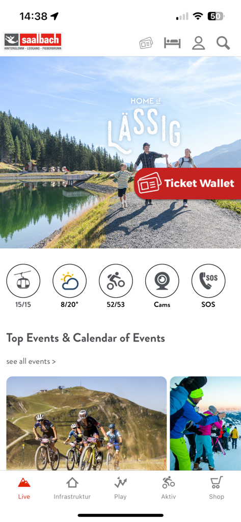 Saalbach Hinterglemm - Home screen of the Saalbach Hinterglemm app showing mountain resort information and event calendar