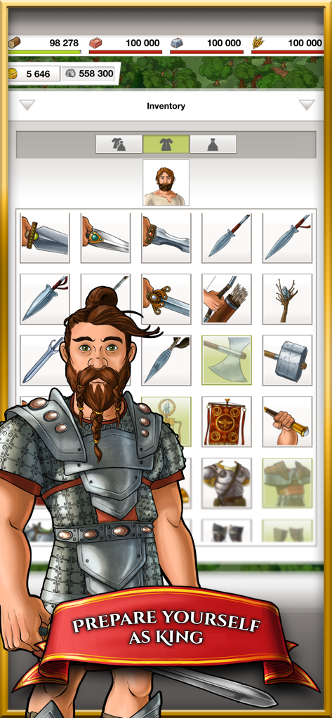 Hero inventory screen in Travian Kingdoms featuring a character in armor and a grid of ancient weapon icons