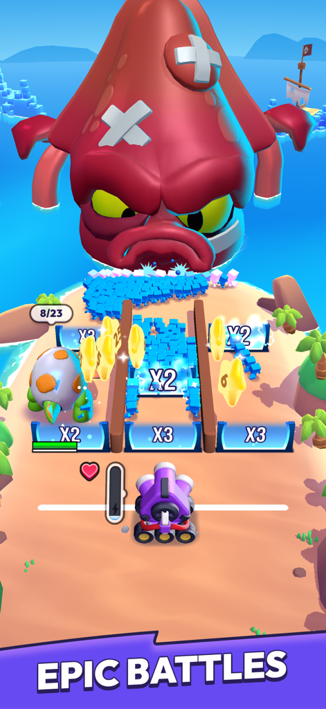 Captura de pantalla del juego Mob Control de turbas azules atacando a un jefe rojo gigante a través de puertas de multiplicación