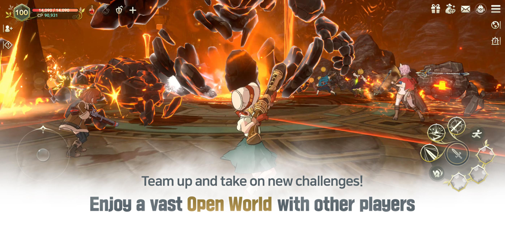 Battaglia multigiocatore contro un gigantesco mostro di lava in Ni no Kuni Cross Worlds