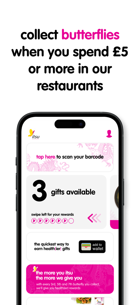 itsu rewards - itsu rewards app showing loyalty butterfly points and gifts available