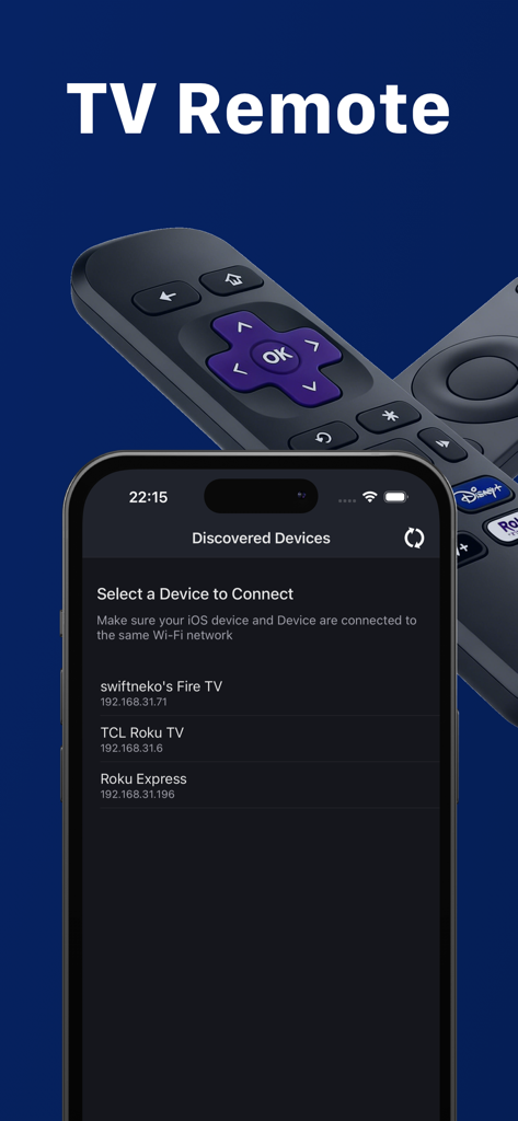 Universal : TV Remote Control - Écran d'iPhone montrant la liste des appareils découverts, y compris Fire TV et Roku, pour l'application de télécommande Rocky