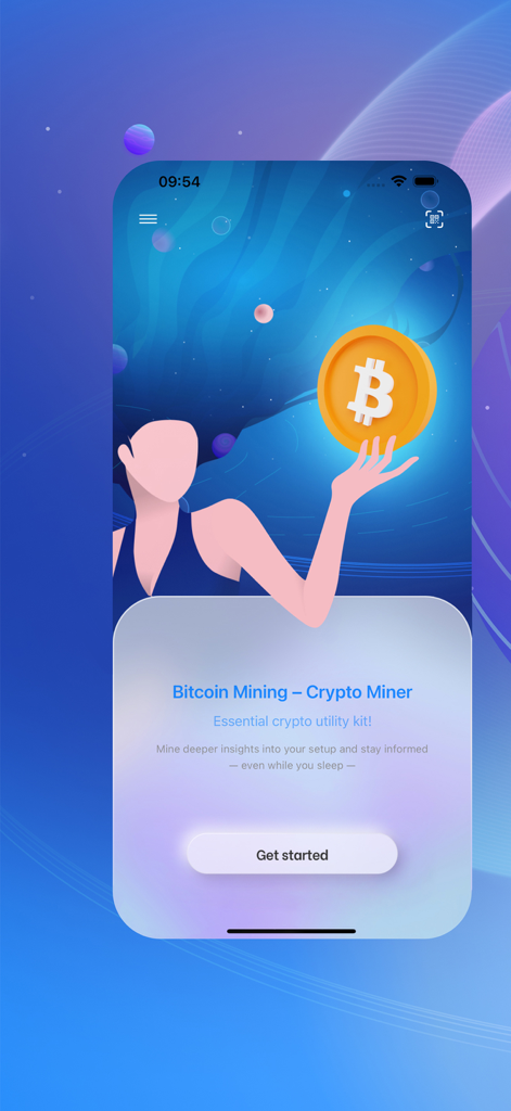 Bitcoin Mining – Crypto Miner - Pantalla de bienvenida de la aplicación Bitcoin Mining con una mujer sosteniendo un icono de bitcoin y un botón de empezar