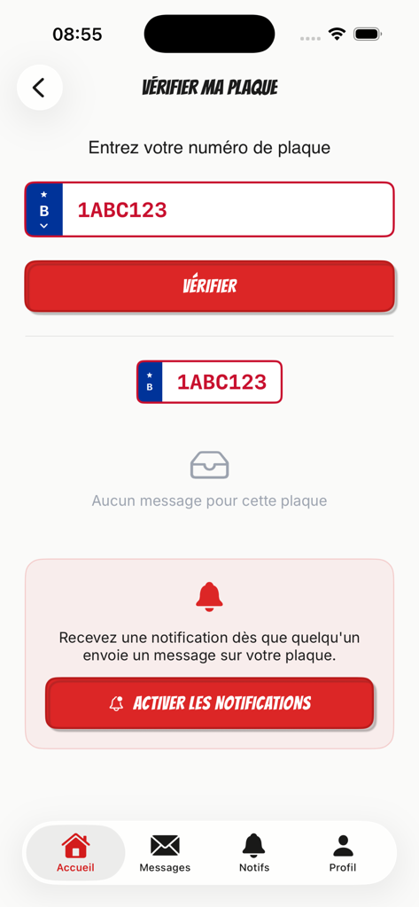 PlateWaveアプリのナンバープレート確認画面のスクリーンショット。プレート入力フィールドと通知を有効にするボタンが表示されている。