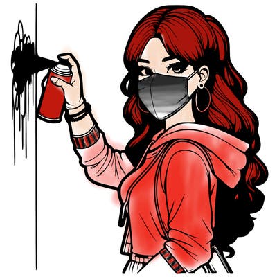 realistic girl with mask spray painting a wall