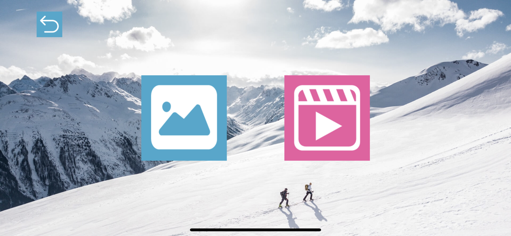 RCFPVPro - RCFPVPro app screen showing photo and video icons over a snowy mountain landscape