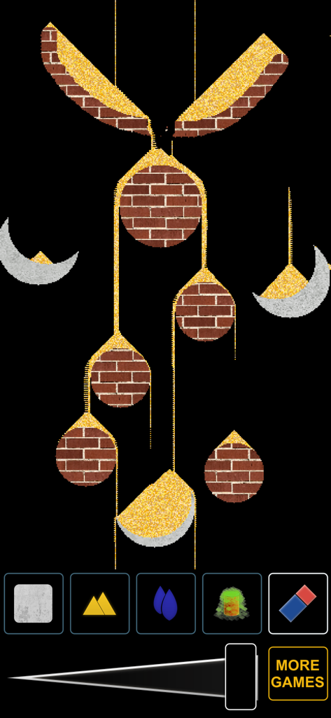 Sand in a Box: Magic Pixel Art - Gameplay of Sand in a Box showing yellow sand particles falling through brick structures in a physics simulation