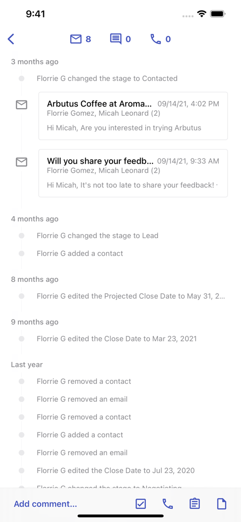 Streak CRM mobile app interface showing a timeline of email interactions and deal stage updates