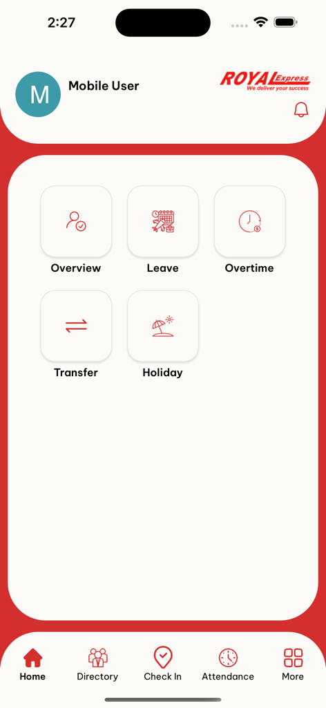 Royal Express HR - Pantalla de inicio de la aplicación Royal Express HR que muestra funciones de gestión de empleados como ausencias y asistencia