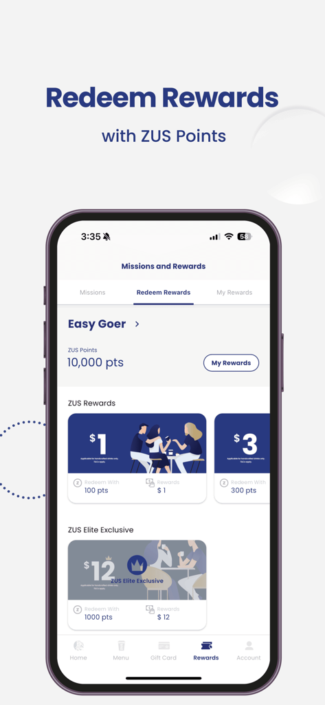 ZUS Coffee app screen showing how to redeem loyalty points for drink rewards and vouchers