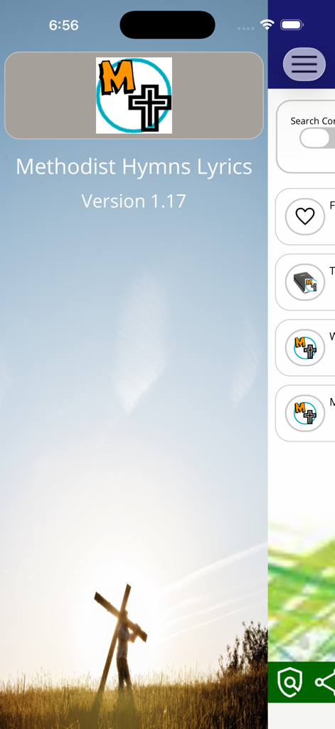Screenshot of the Methodist Hymn Lyrics app showing the main menu and a silhouette of a person carrying a cross