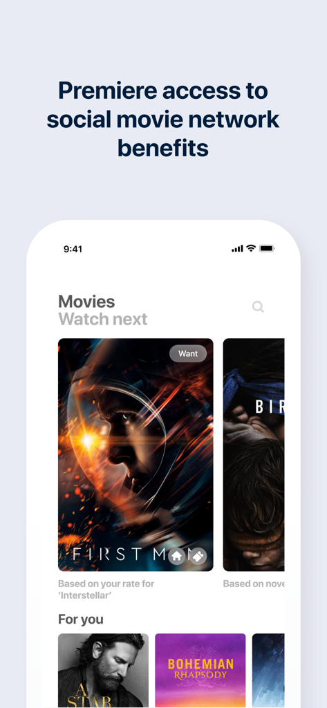 Must for Movies & TV - Interface of the Must for Movies and TV app showing personalized movie recommendations and a watch next list.