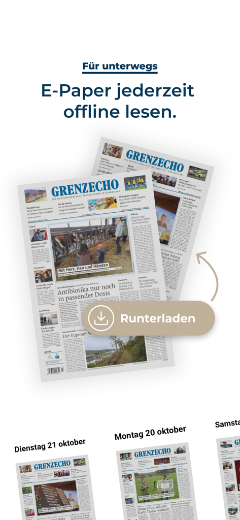 GrenzEcho App - Um ecrã da aplicação GrenzEcho a mostrar edições digitais do jornal disponíveis para leitura offline e download