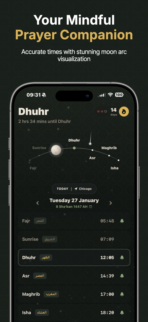 Prayer Pause: Salah & Focus - Prayer Pause app dashboard showing accurate daily prayer times and a moon arc visualization.