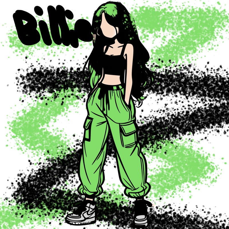 girl in baggy pants crop top and long hair