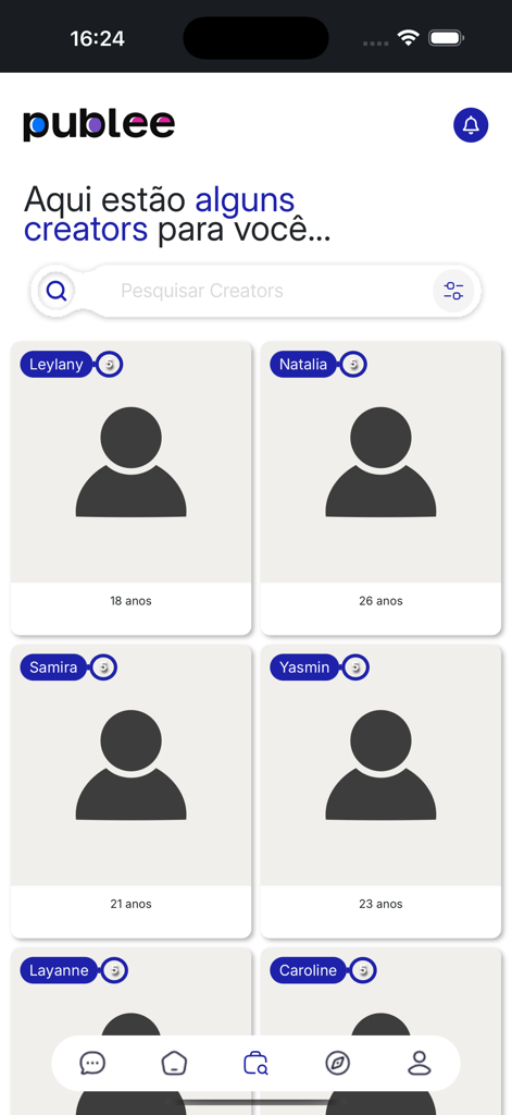 Minha Publi - Interface de l'application montrant une barre de recherche et les profils des créateurs de contenu disponibles pour les partenariats de marque