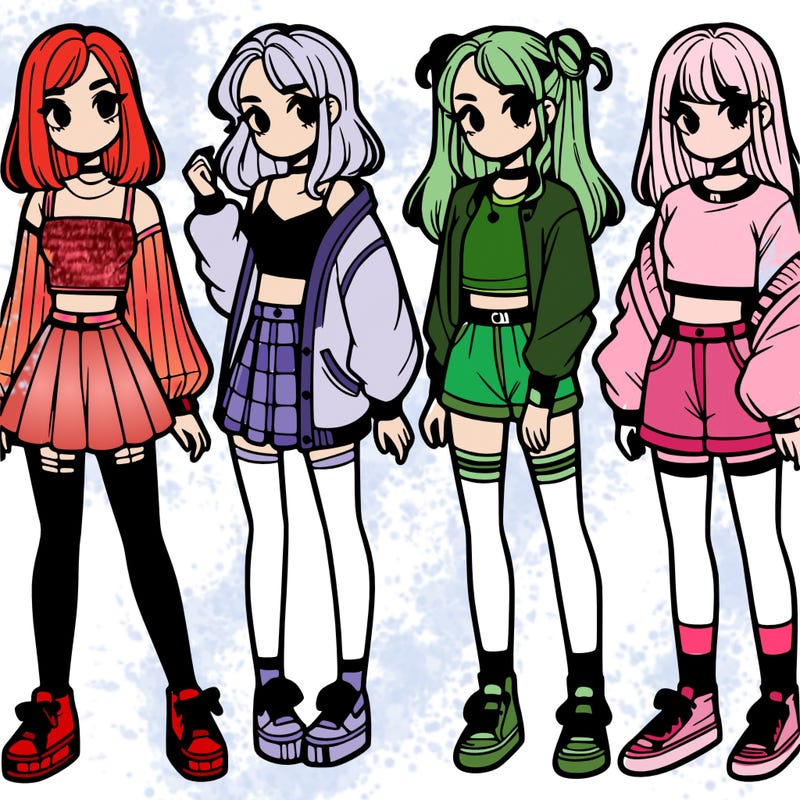 one girl with crop-top shirt and a jacket with a skirt, long socks and another girl with a shirt and pants with a jacket