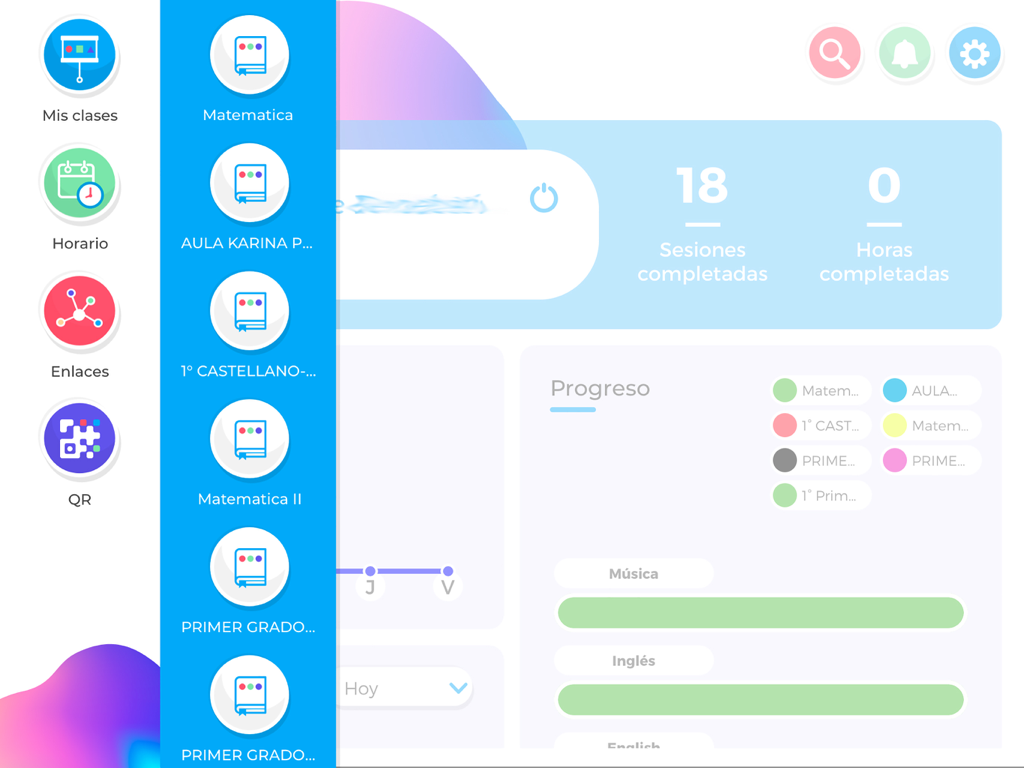Interfaz del panel de la aplicación Compartir 4 que muestra el progreso del estudiante y el menú de materias
