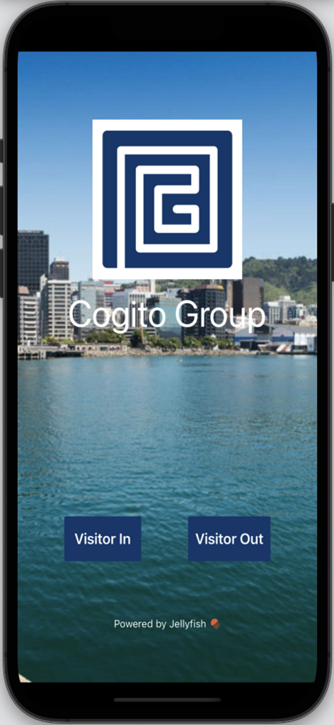 Jellyfish Mobile - Jellyfish Mobile app login screen for Cogito Group showing visitor check in and check out buttons