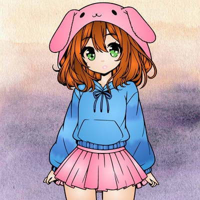 pretty anime girl wearing a fluffy hoodie with bunny ears on the hood and a skirt