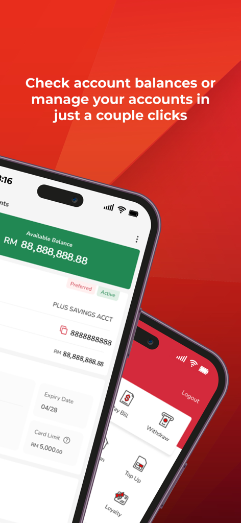 MyPB by Public Bank - Interface of MyPB app by Public Bank showing account balance in RM and banking features