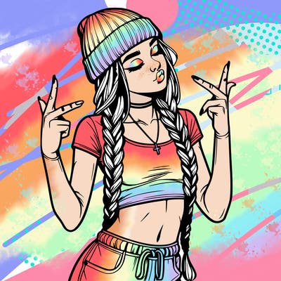 realistic teenage girl with braids and a beanie and crop top doing 🫶🏼