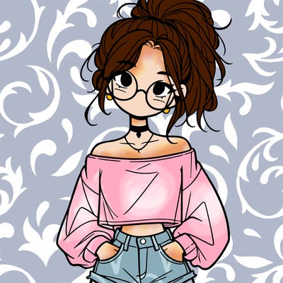 girl with a messy ponytail glasses a baggy crop top and jean shorts