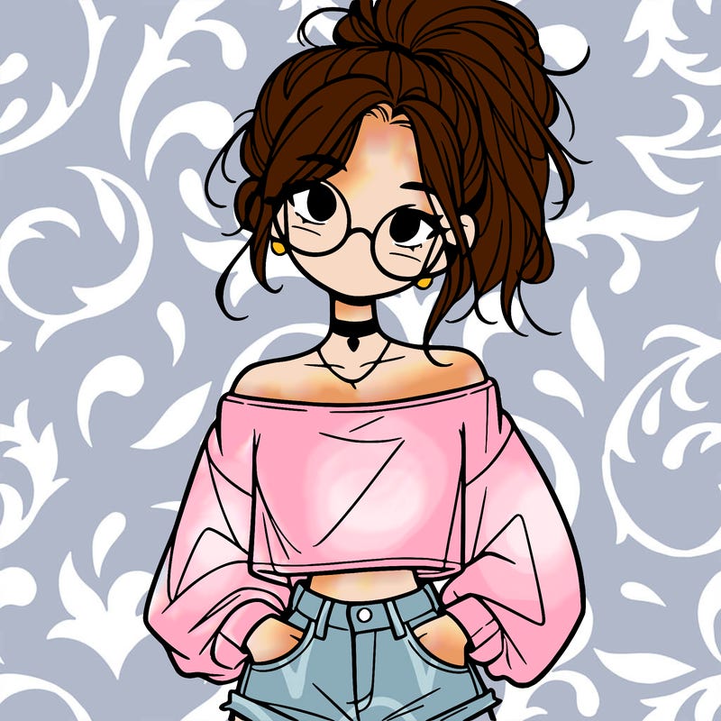 girl with a messy ponytail glasses a baggy crop top and jean shorts