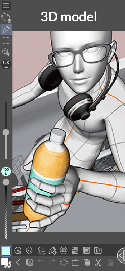 Ein 3D-Charaktermodell mit Brille und Kopfhörern, das in Clip Studio Paint für iPhone eine Flasche hält.