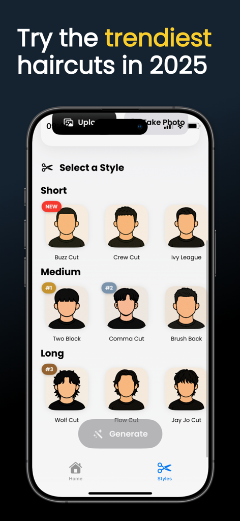 A selection of trendy Asian hairstyle options like Two Block and Wolf Cut in the hano.ai app