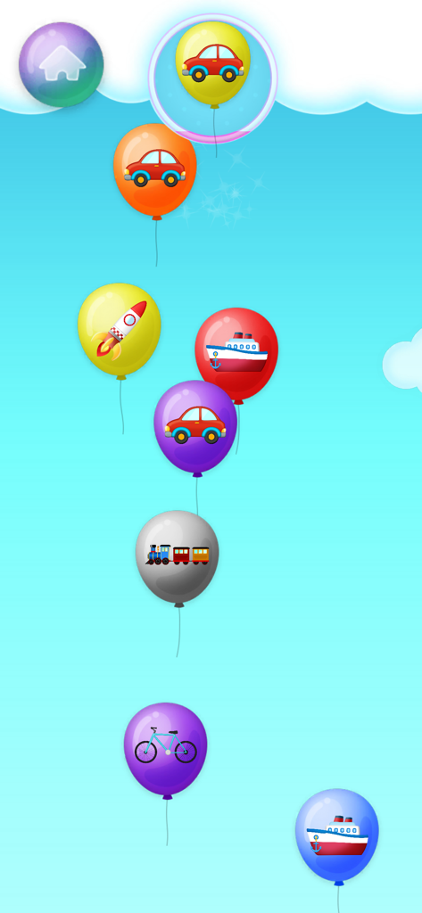 Balloons pop - Toys - Pantalla de juego educativo que muestra globos coloridos con iconos de vehículos como coches y trenes flotando en un cielo azul