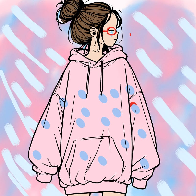 realistic girl with a oversized sweatshirt on and a bun
