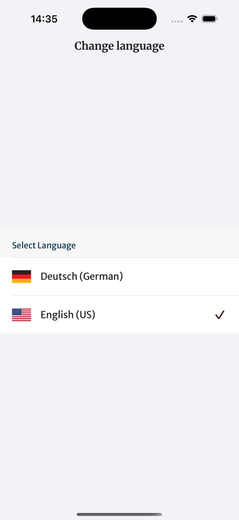 Language settings screen in the Springer Nature More Media app with options for German and English
