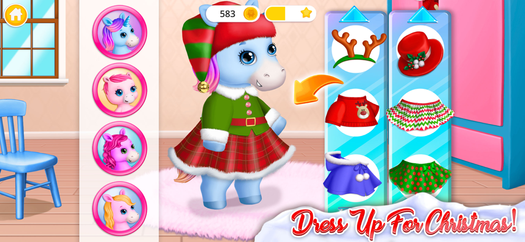 Pony Sisters Christmas - A blue pony character dressed in a Christmas elf outfit in a styling game screen
