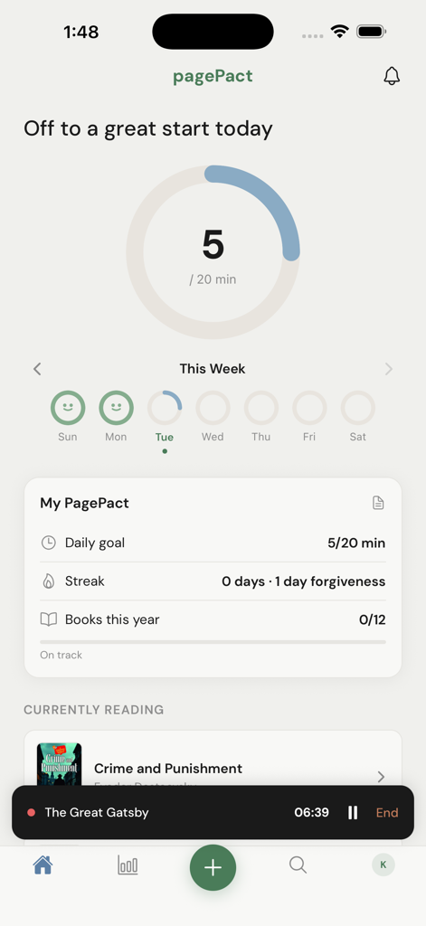 PagePact - Painel do aplicativo móvel PagePact exibindo o progresso da meta de leitura diária, um rastreador de hábitos semanal e um cronômetro de leitura ativa para O Grande Gatsby.