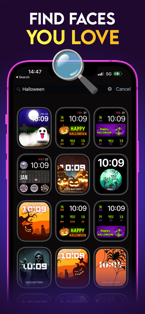 Watch Faces App - Watchmaker - Search interface in the Watchmaker app showing a grid of various Halloween themed watch faces for Apple Watch.