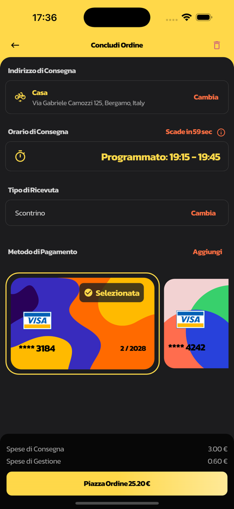 Flash-Deliveryアプリのチェックアウト画面。支払い方法の選択と注文概要が表示されています