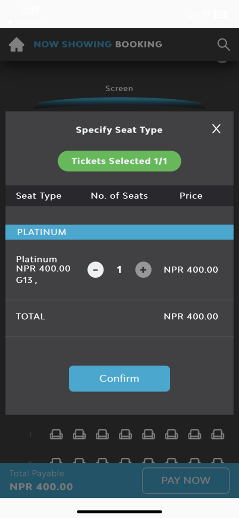 QFX Cinemas - A movie ticket seat type selection screen in the QFX Cinemas app showing platinum ticket price and seat number