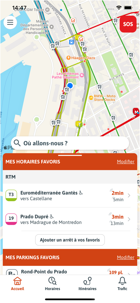 RTM - Interface de l'application mobile RTM affichant une carte de la ville de Marseille avec les horaires d'arrivée des transports en temps réel pour les itinéraires favoris.